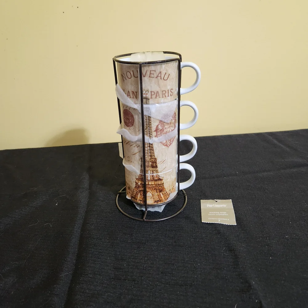 Pier 1 Eiffel Tower Mugs with Stand - Brown and White